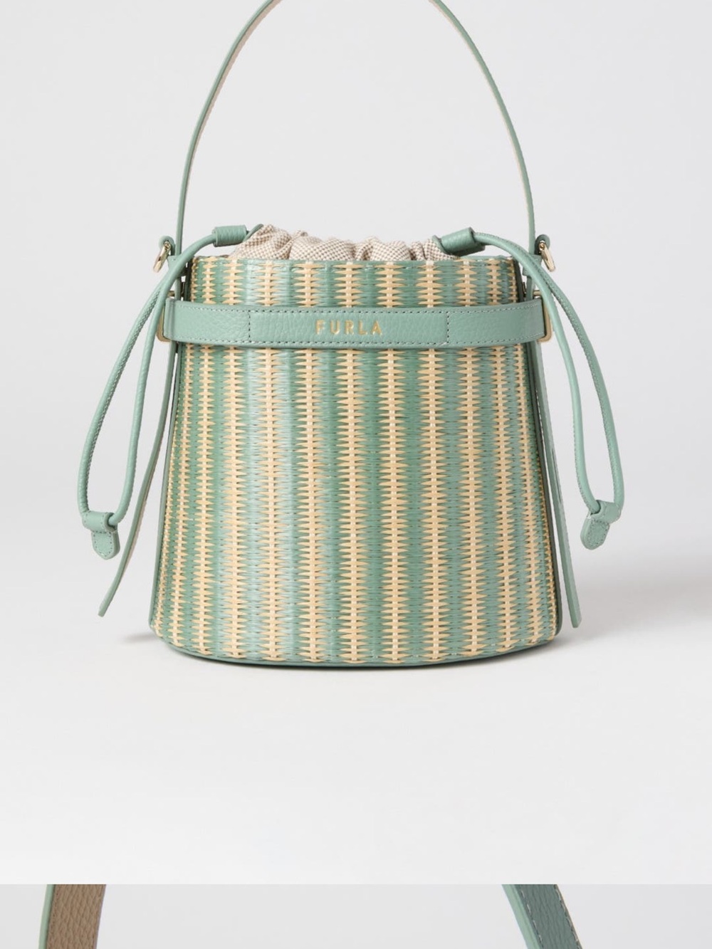 Furla Mint Green and Cream Woven Bucket Shoulder Bag